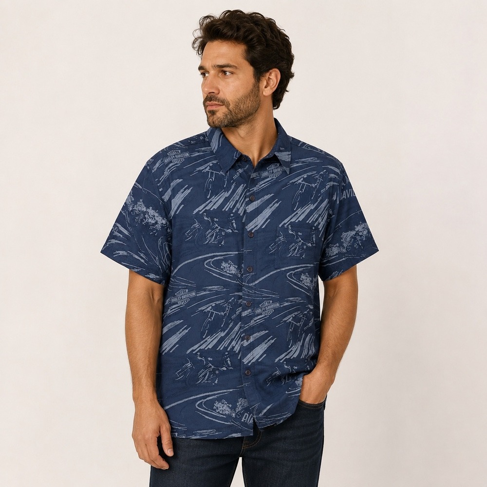 Harley Davidson Button Down Shirt Mens XL Blue Short Sleeve Motorcycle Print - Picture 1 of 9